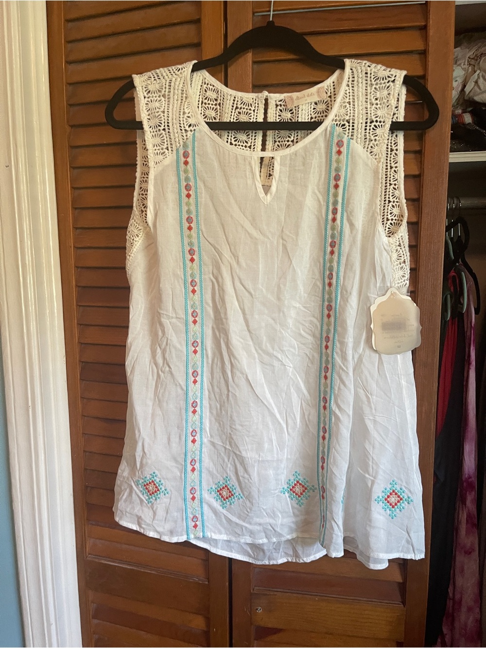 Altar'd State White Sleeveless Embroidered Tunic with Turquoise & Coral Accents